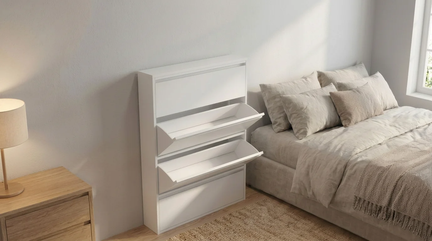 Armário de calçados branco com as portas basculantes abertas